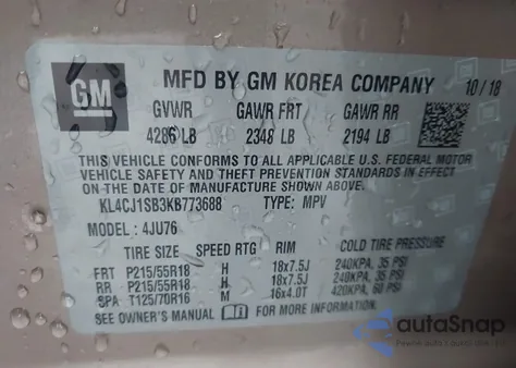 2019 Buick Encore Fwd Sport Touring from USA, damaged, VIN KL4CJ1SB3KB773688